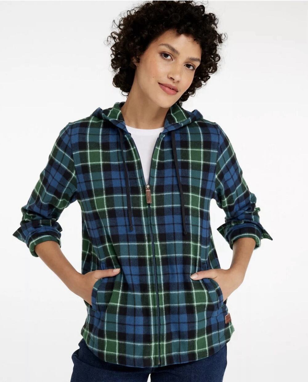 LL Bean Women S Scotch Blue Plaid Flannel Shirt Relaxed Fit Zip Hoodie 502092